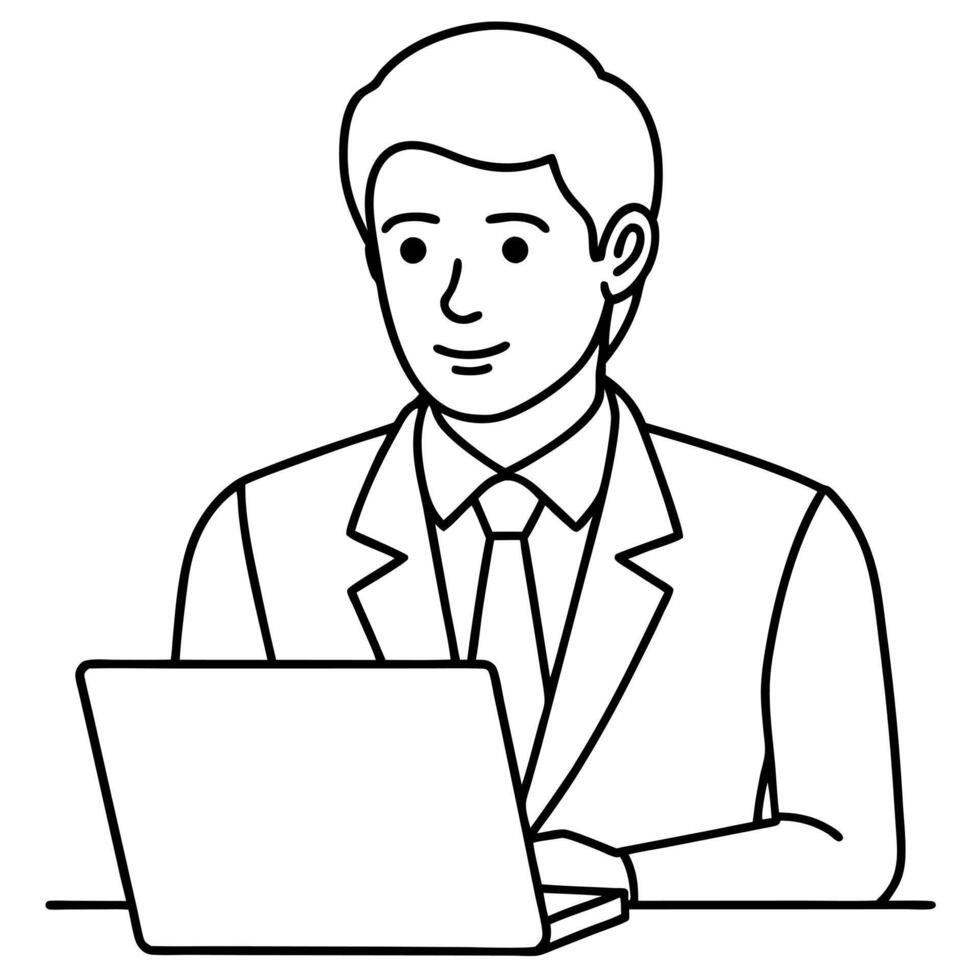 businessman working on laptop computer line art on white background, illustration line art vector