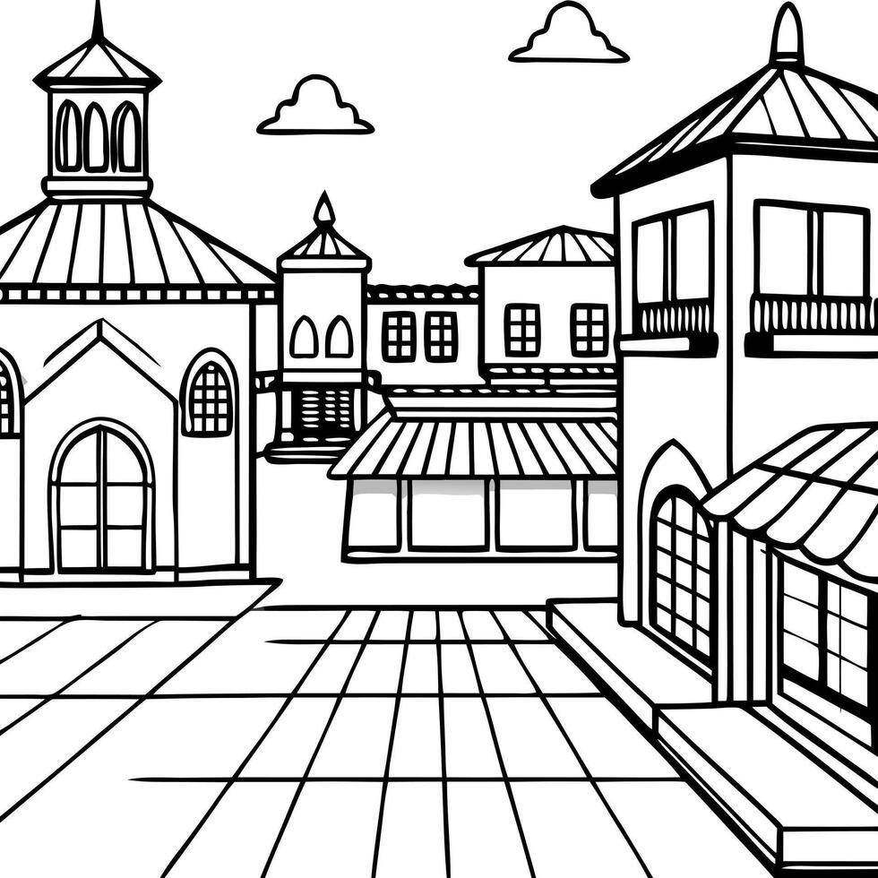 cartoon, empty town square, with stores in the background, illustration line art vector