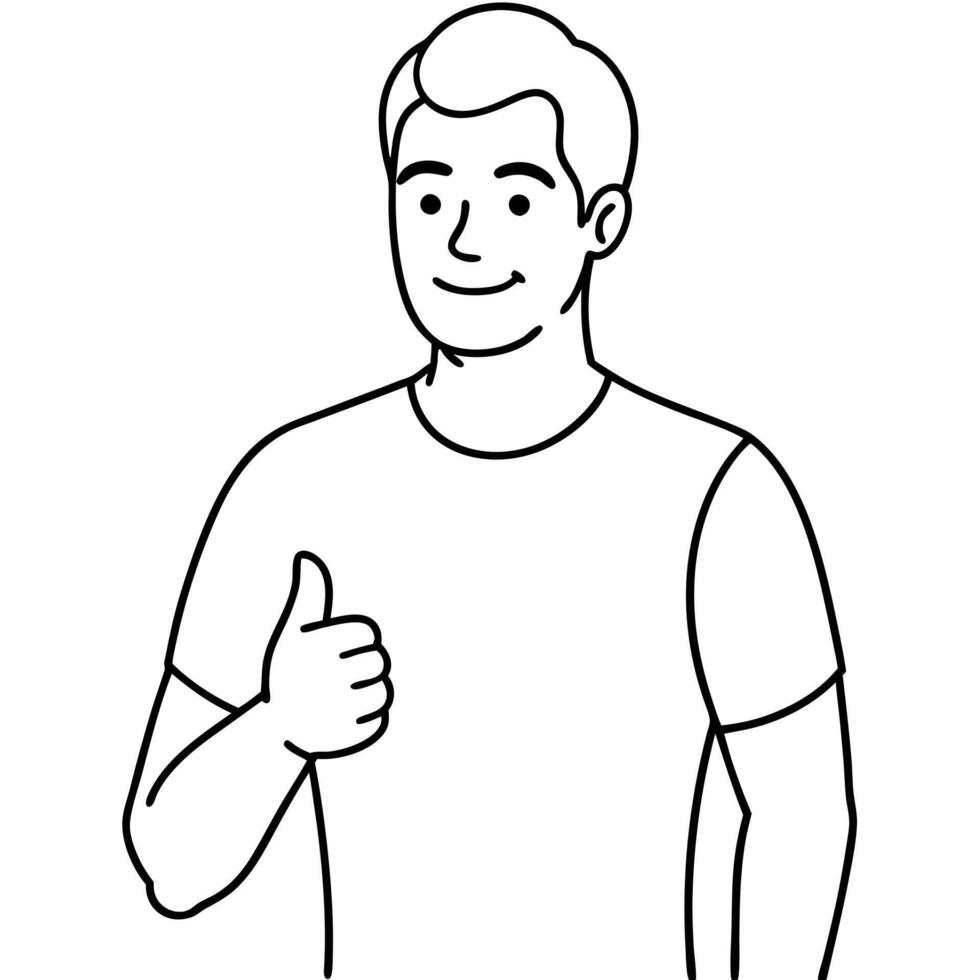 a line-drawing illustration of a man giving a thumbs-up gesture with his hand in the foreground the vector