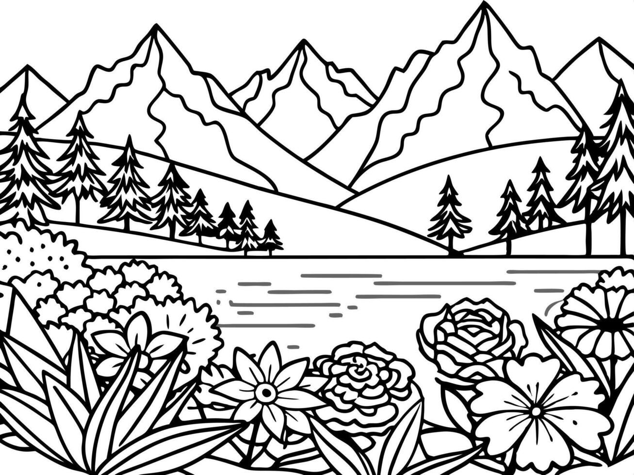 landscapes with mountains and lake, floral patterns, book for adult coloring, clean details, black vector
