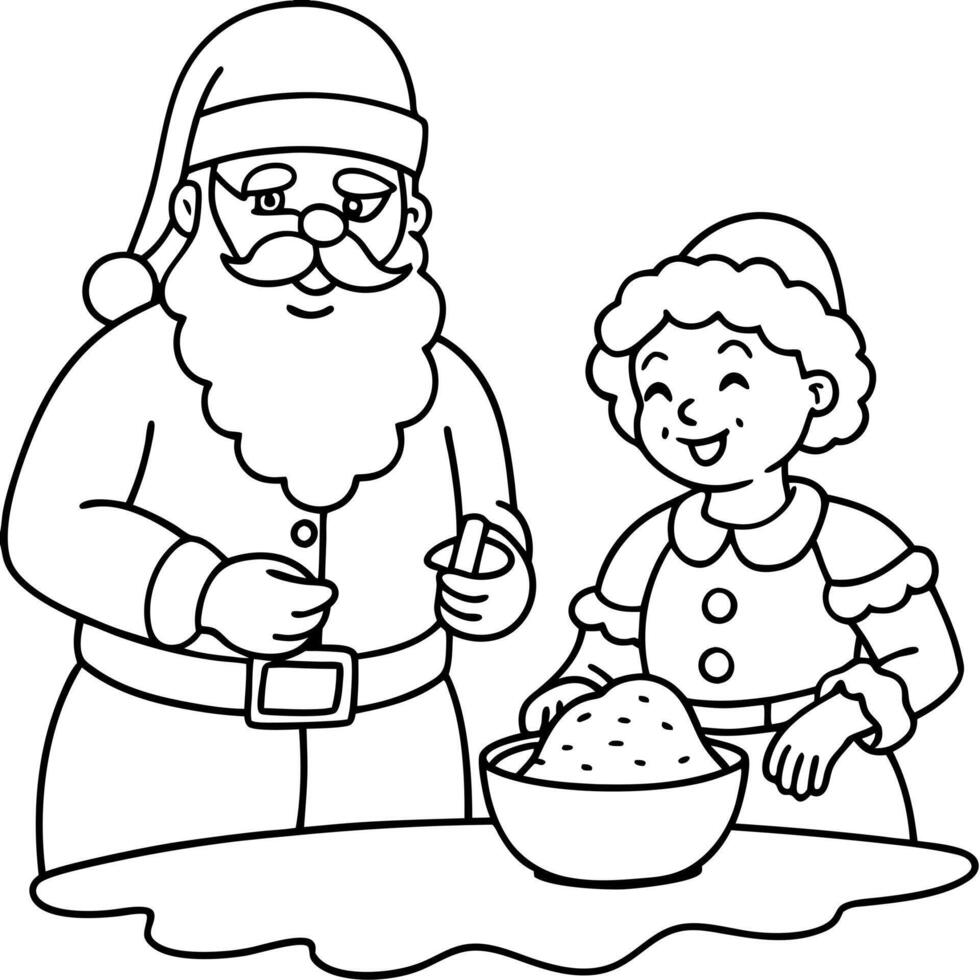 bold and easy, coloring pages, santa claus with mrs claus, baking christmas cookies in a cozy vector