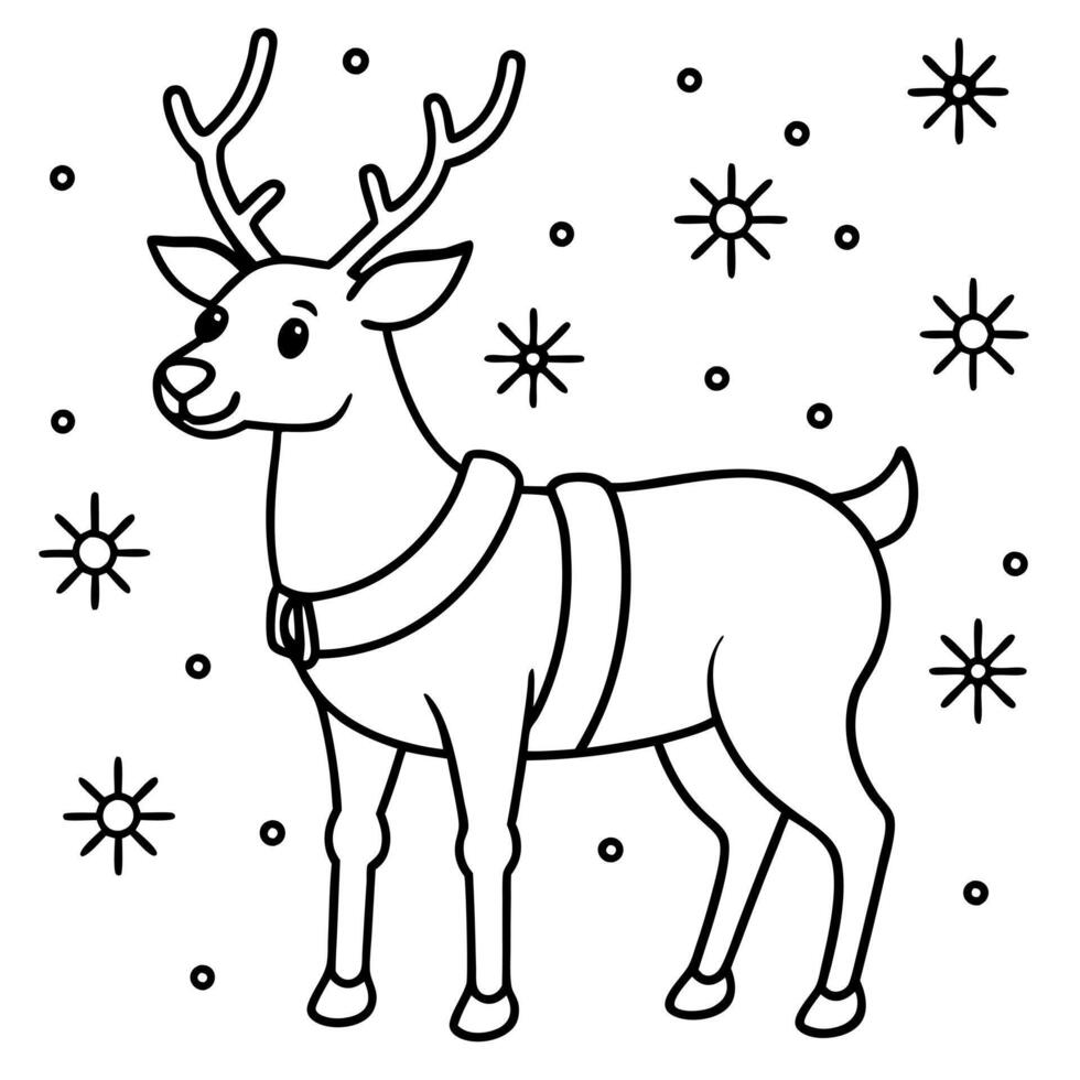 a close-up of a reindeer with a festive harness, standing in a snowy forest with snowflakes falling vector