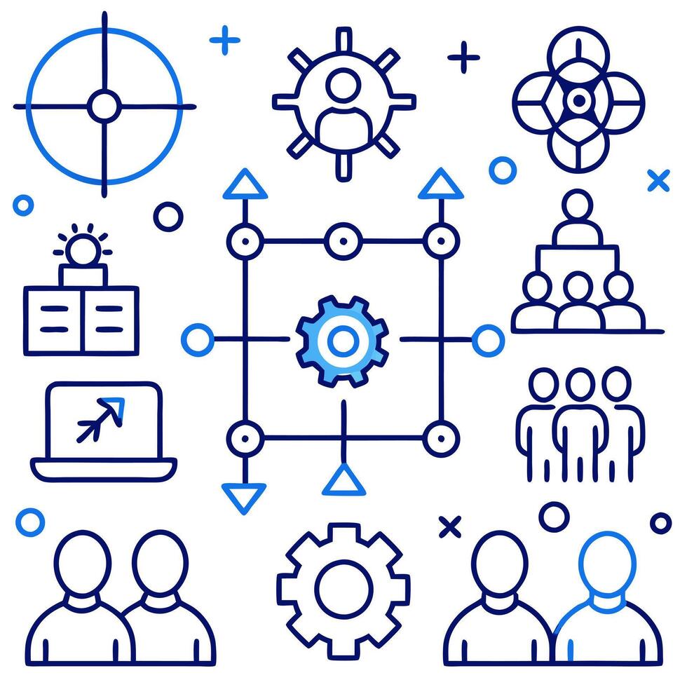 grid layout of 24 line art icons, each representing different concepts related to teamwork, vector
