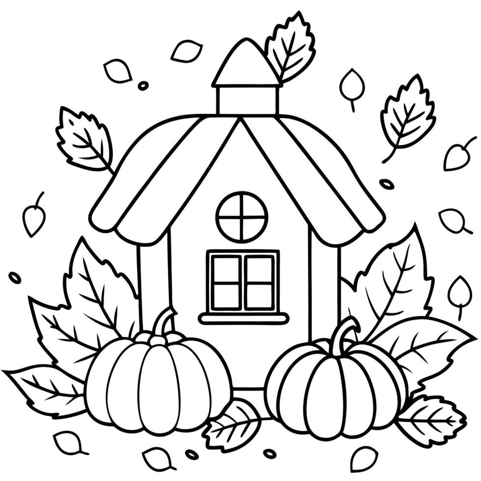 a cozy cottage surrounded by pumpkins and fallen leaves, illustration line art vector