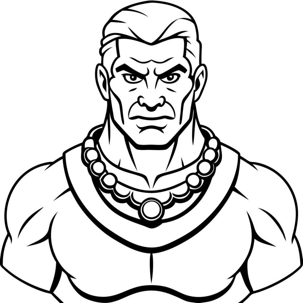 a brutal portrait of a muscular man, a dark, scarred barbarian with a metal necklace hero and vector