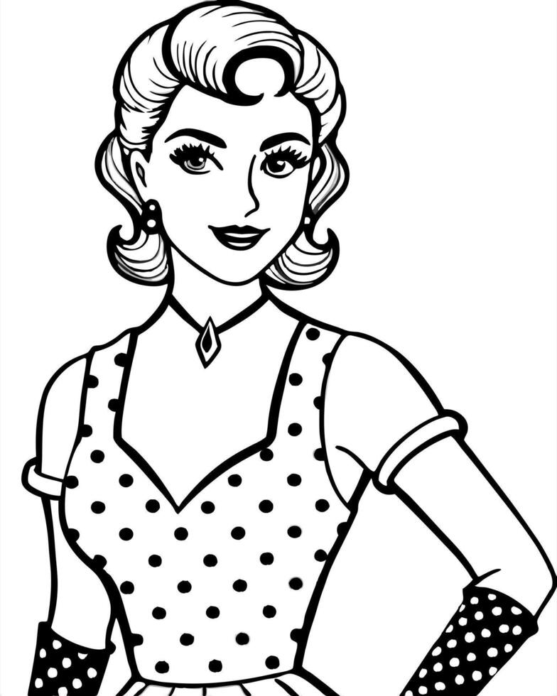 a vintage-inspired 1950s look with a polka dot dress and gloves, illustration line art vector