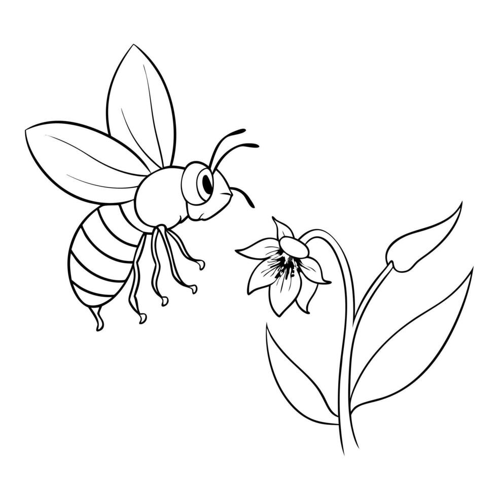 a bee is extracting honey from a veronica flower, illustration line art vector
