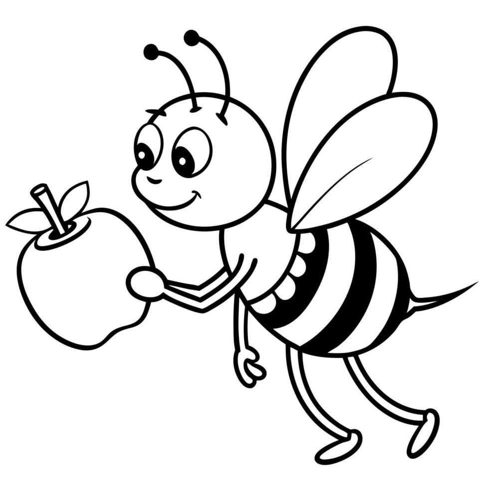 a little bee carries a jar of honey and pours honey on apples, illustration line art vector