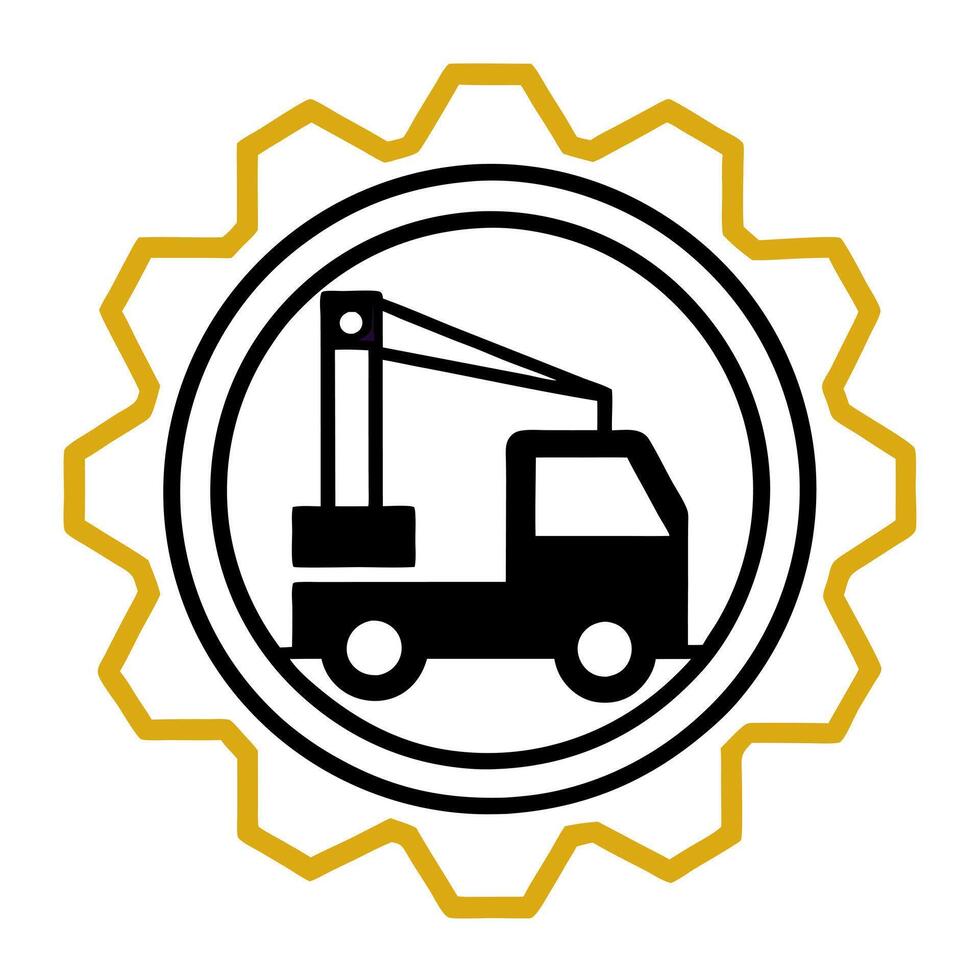 draw a logo with a gear and a truck crane, use black color, illustration line art vector