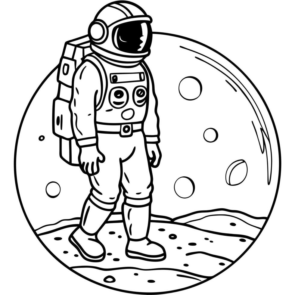 astronod walk on moon macro view, illustration line art vector