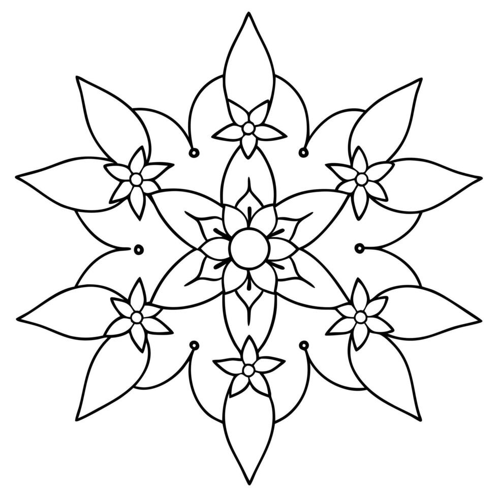 coloring pages for kids, bold line art, orchids arranged in a star-shaped mandala, with each bloom vector