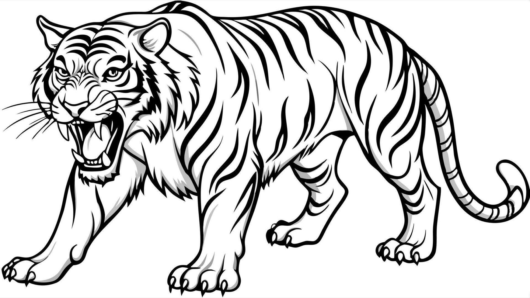 an aggressive giant tiger, illustration line art vector