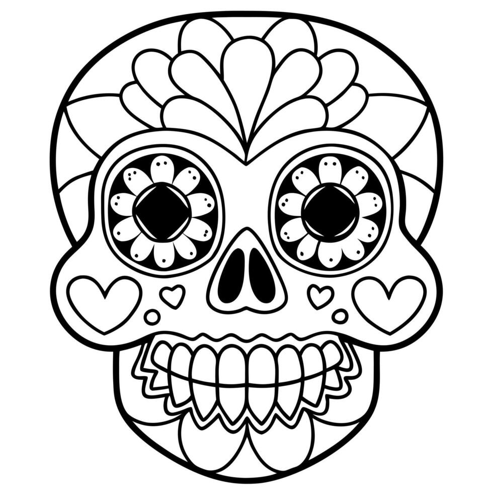 day of the dead skulls calacas, mexican folk art, carved wood, copyspace, illustration line vector