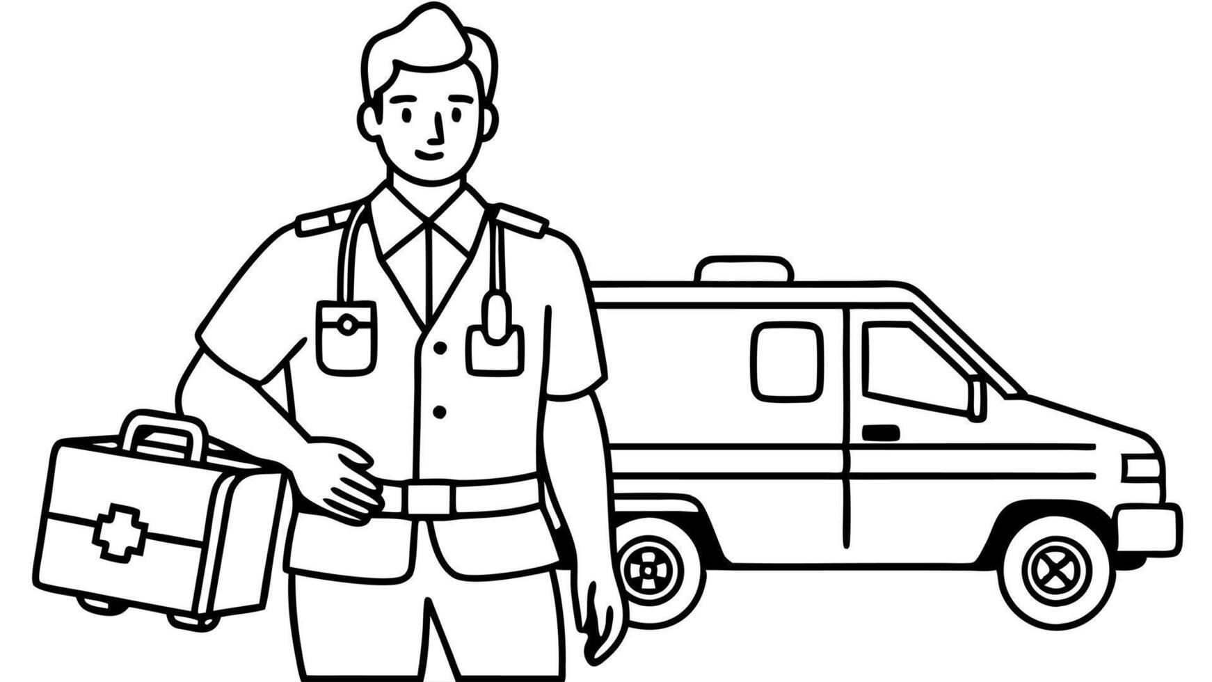 a 30 years old man paramedic wearing his uniform and holding a medial bag on his hand, next to an vector