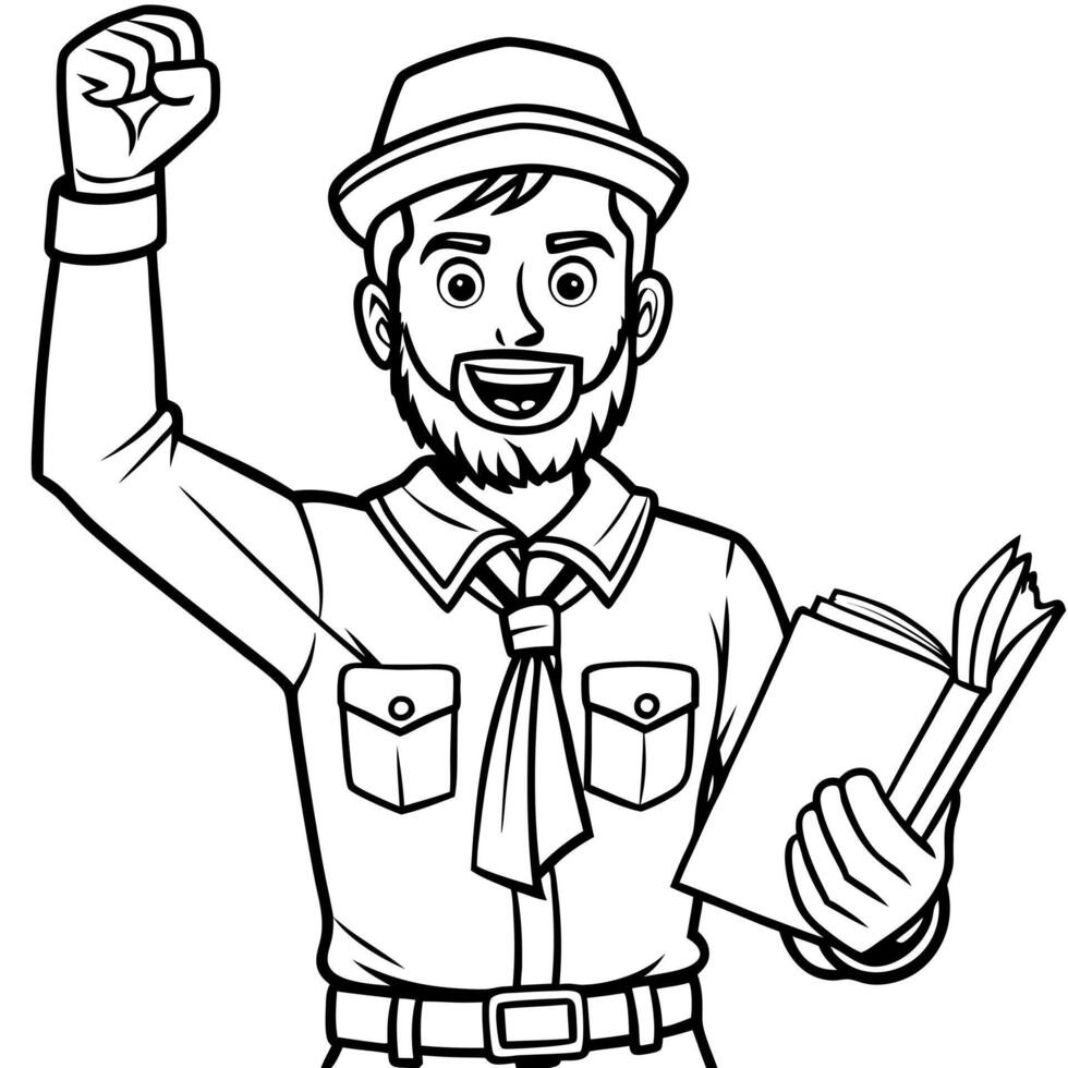 young adventist scout in uniform in a forward position, with one arm raised an open book and the vector