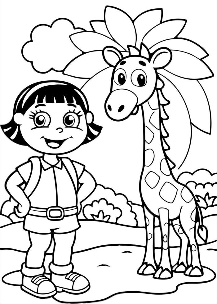 dora the explorer with giraffe on the river, illustration line art vector