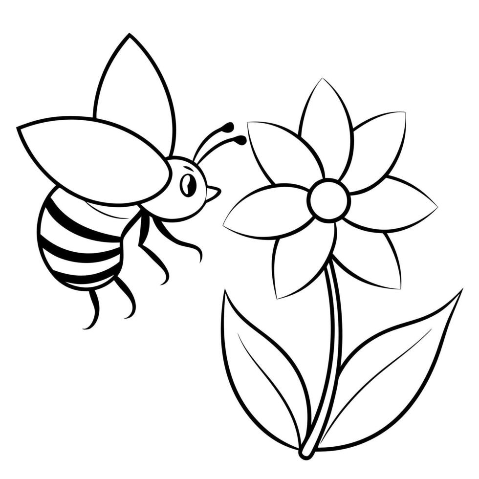 a bee is extracting honey from a pentas flower, illustration line art vector