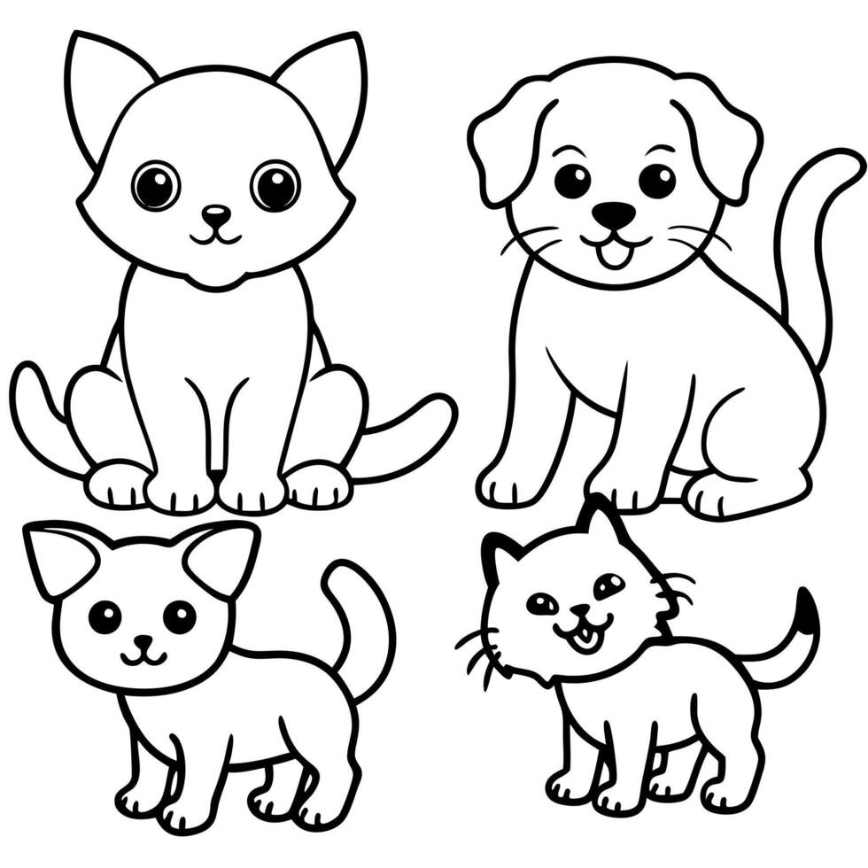 cute animals like puppies and kittens, illustration line art vector