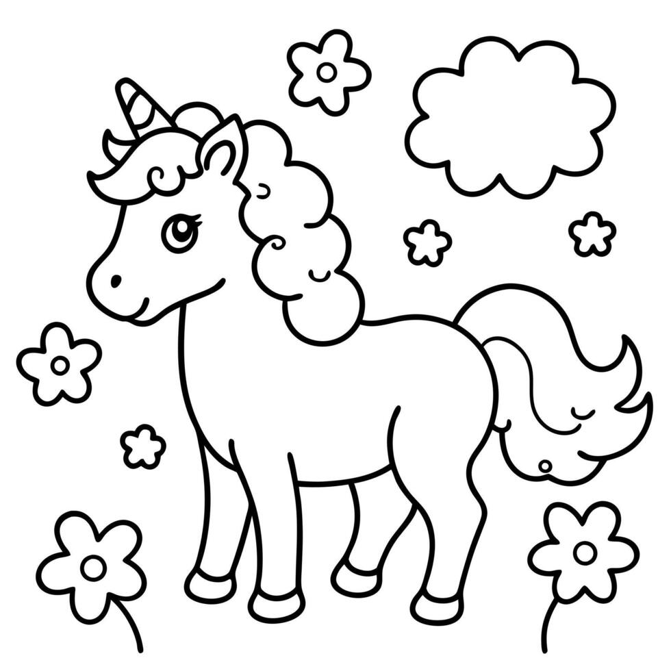 a baby unicorn standing in a meadow filled with flowers and butterflies the unicorn has a curly vector