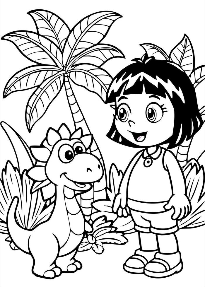 dora the explorer with cute dino saur in the jungle, illustration line art vector