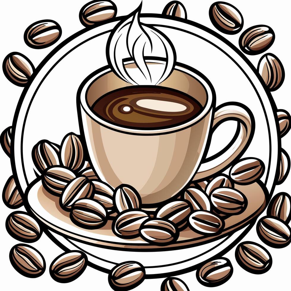 kaffeetasse mit bohnen im hintergrund, illustration line art vector