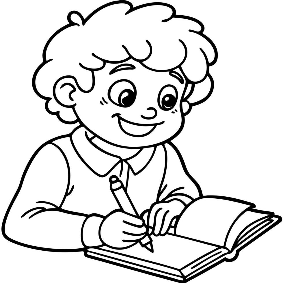 cartoon cute, student writes neatly in a notebook with a pencil, illustration line art vector