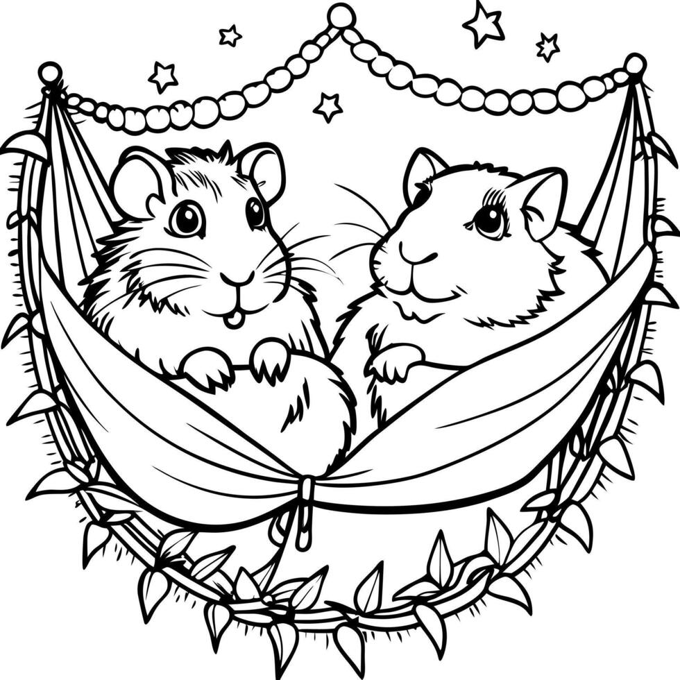 a pair of guinea pigs relaxing in a hammock surrounded by fairy lights, illustration line vector