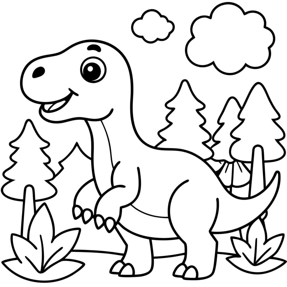 dinosaur in forest adorable illustration coloring pages for kids, illustration line art vector