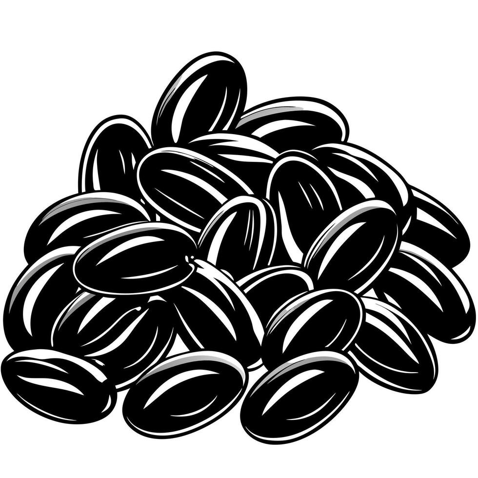 a striking illustration of black beans on a bright white background highlight their glossy, vector