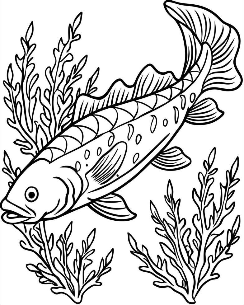 a coelacanth swiming in sea background have kelps, coral and water details, illustration vector