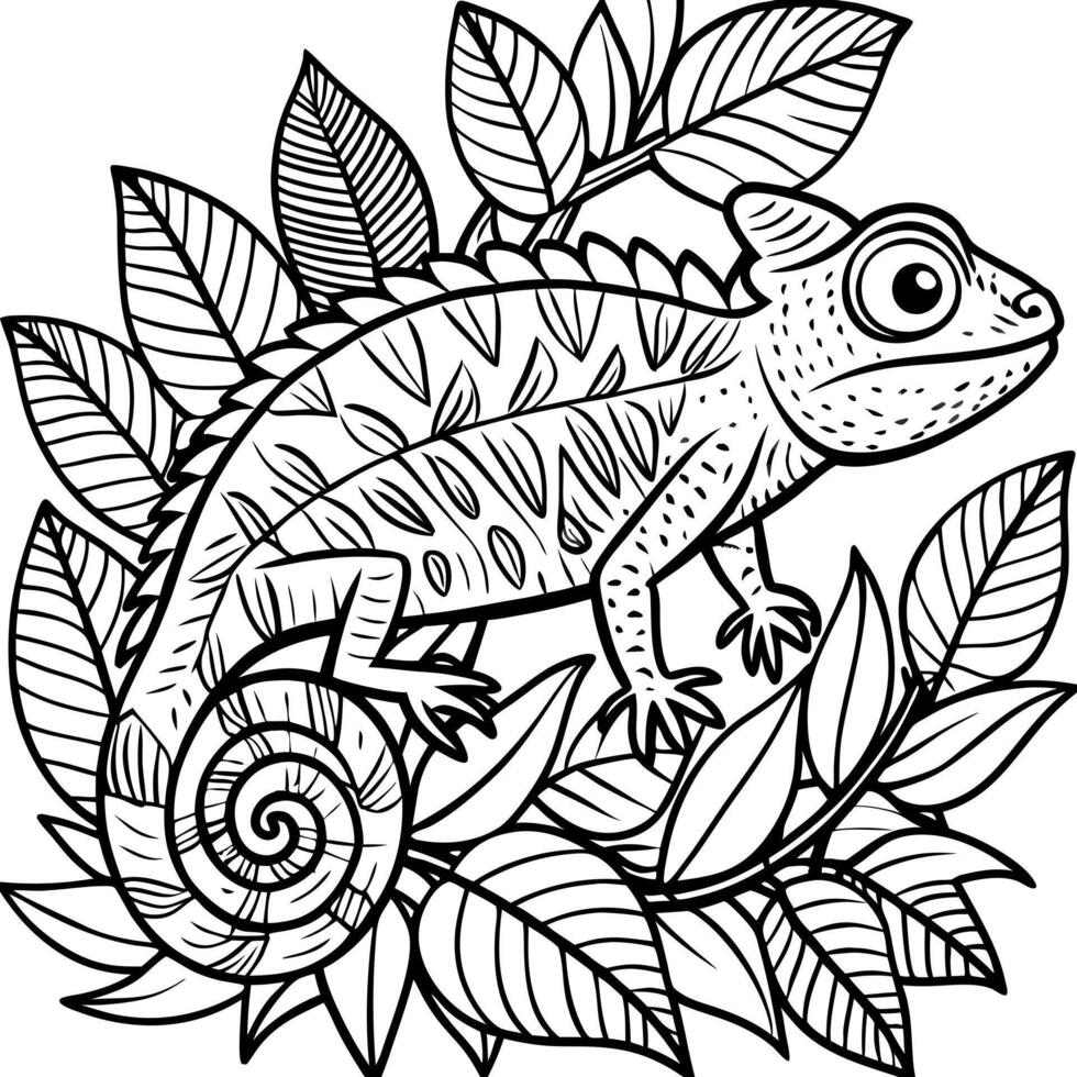 a chameleon blending into the foliage, with detailed leaves and branches, illustration line vector