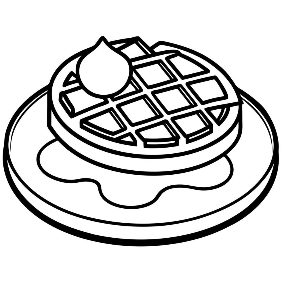 waffles with syrup and butter in plate, illustration line art vector