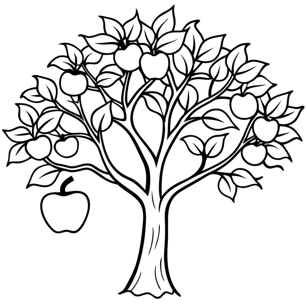 a detailed sketch of an apple tree, focusing on the structure of the branches and fruit, vector
