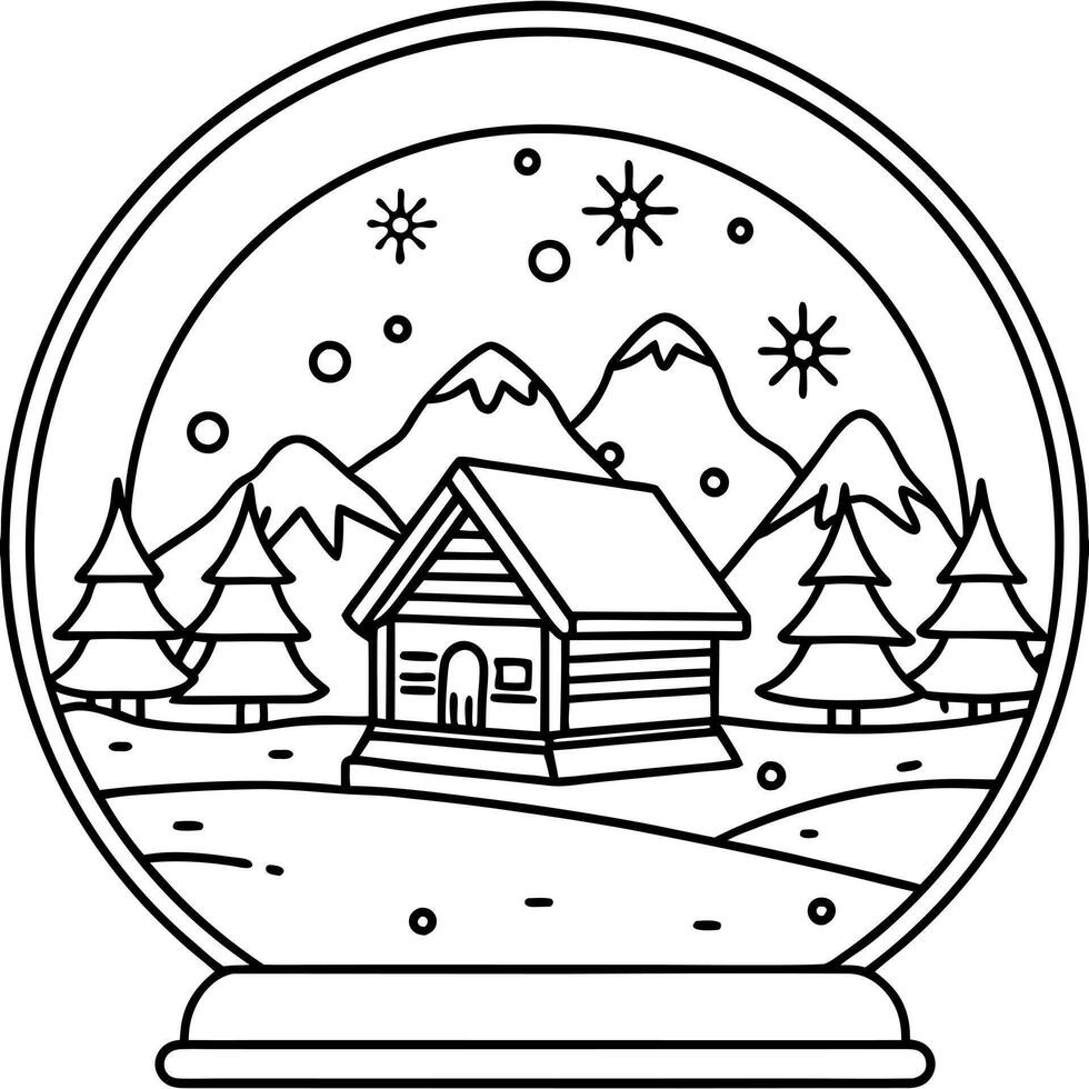 a snow globe with a cozy log cabin and snowy landscape, illustration line art vector