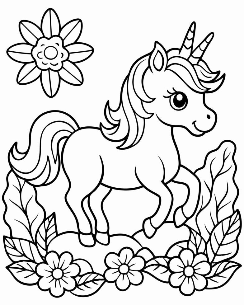 cute unicorn frolicking in a flower-filled meadow under a bright sun only outline with soft curve vector