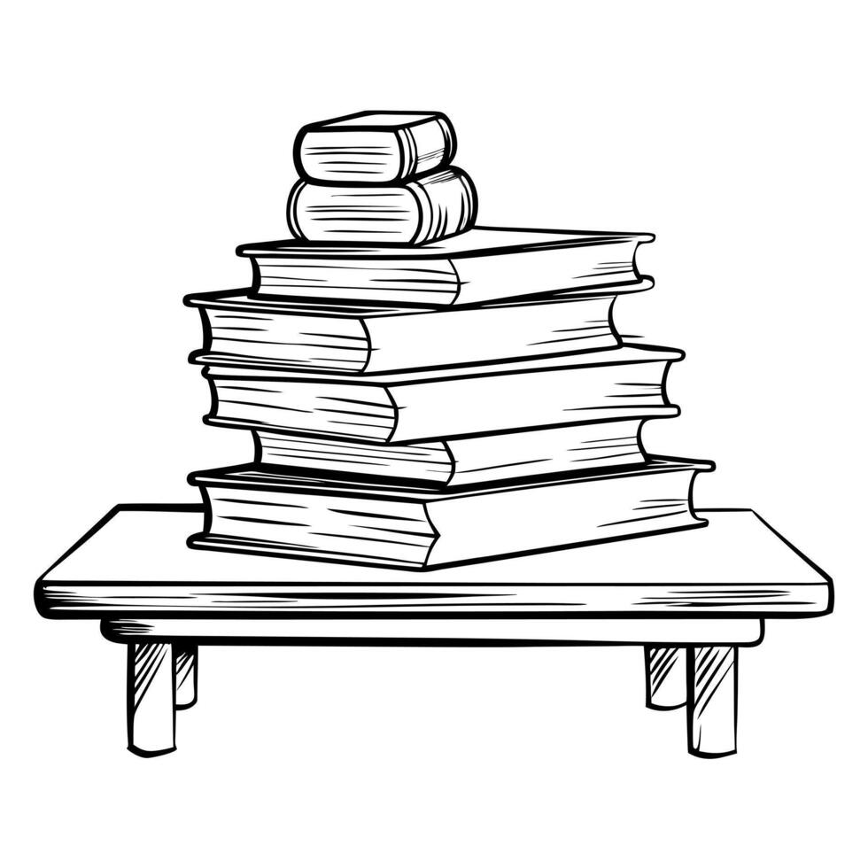 books stacked isolated on table, illustration line art vector