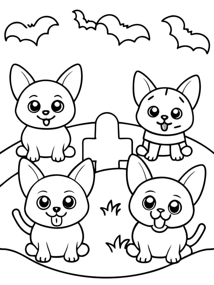 using clear outlilines for coloring book, draw a group of cute, zombie puppies playing in a spooky vector
