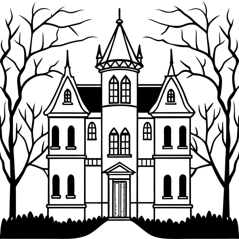 a grand old mansion with a spooky aura, surrounded by dark, leafless trees, illustration vector