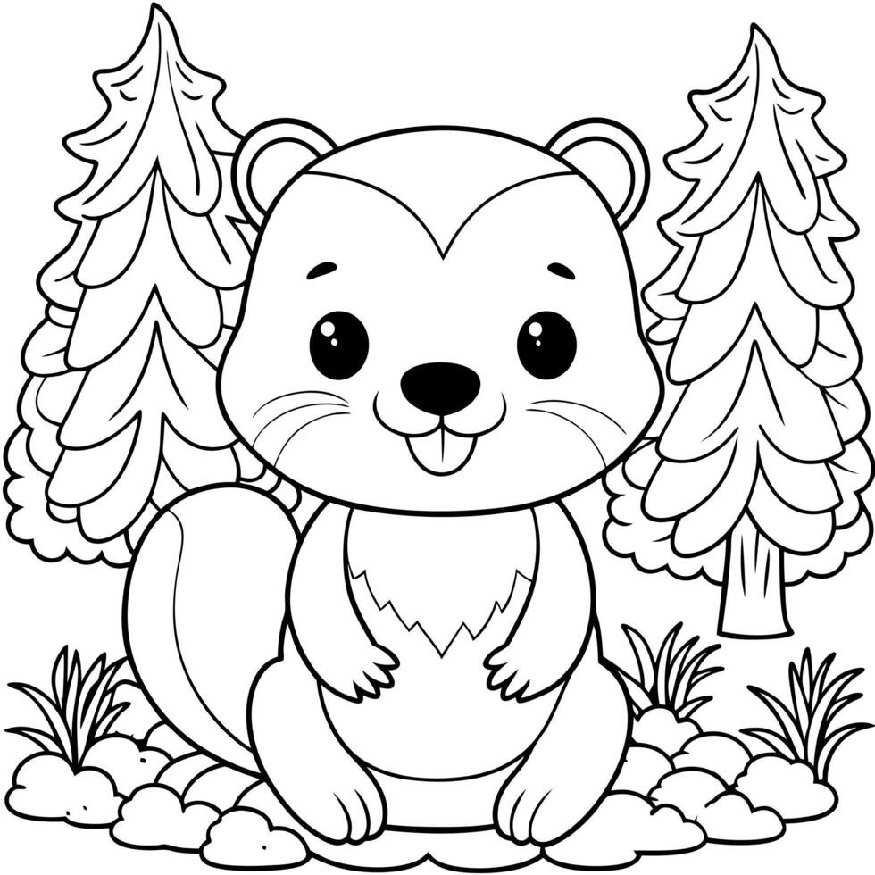 chibi cute kawaii happy baby beaver sitting in the forest, coloring pages for kids, cozy coloring vector