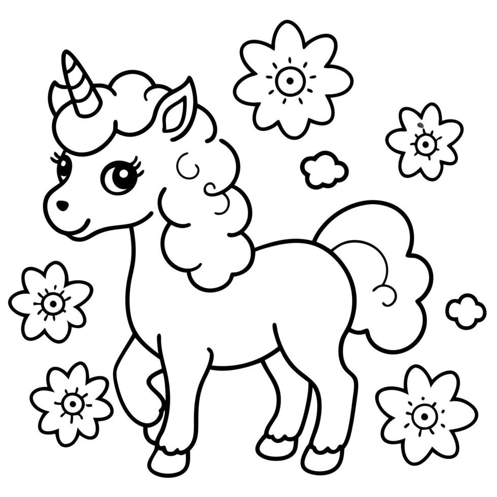 a baby unicorn standing in a meadow filled with flowers and butterflies the unicorn has a curly vector