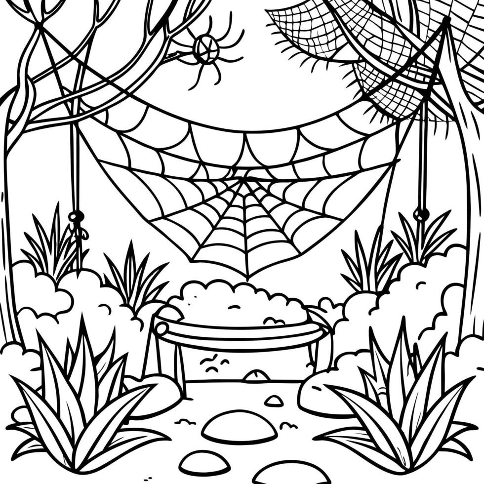 a spiderweb hammock in a spooky garden, illustration line art vector
