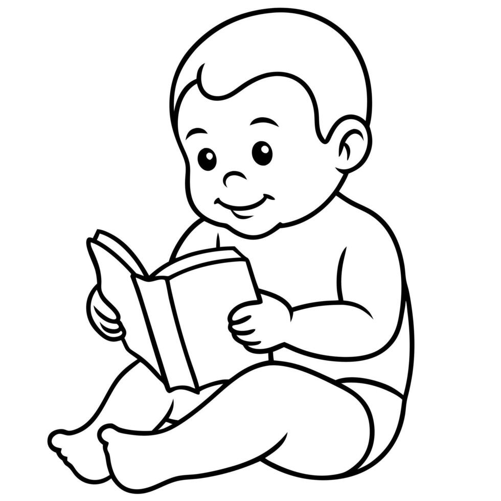 a baby reading book, illustration line art vector