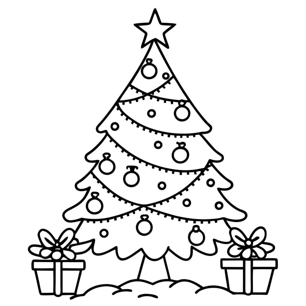 a christmas tree adorned with ornaments, lights, and a shining star at the top, with presents vector