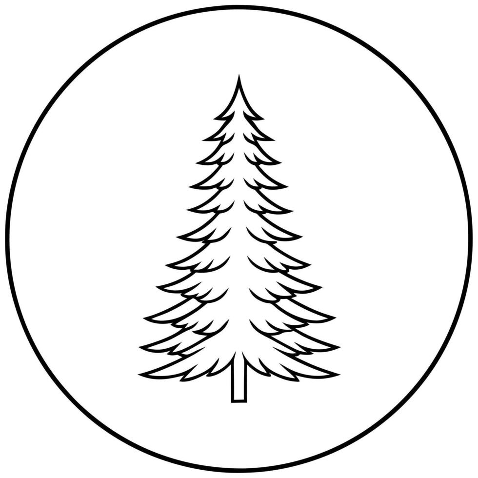 one conifers tree inside circular outline, minimalistic, black and white, illustration line vector