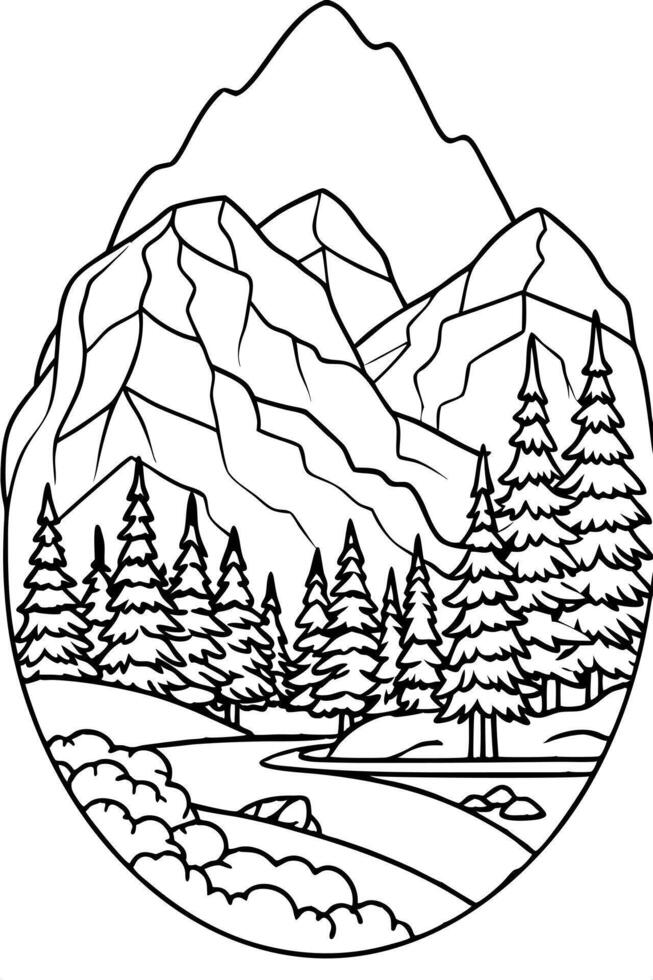 mountain coloring page, black and white, line art, outline, a mountain scene with a forest at the vector