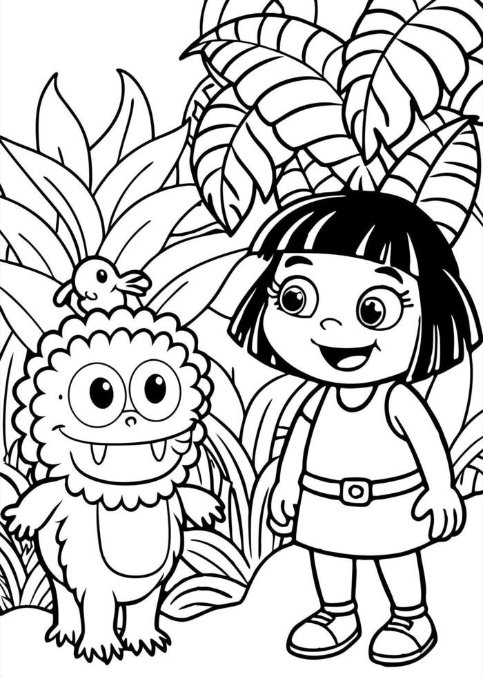 dora the explorer meets cute monster in the jungle, illustration line art vector
