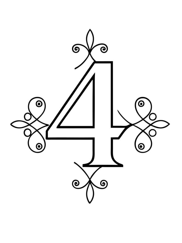 decorated numbers 4, illustration line art vector