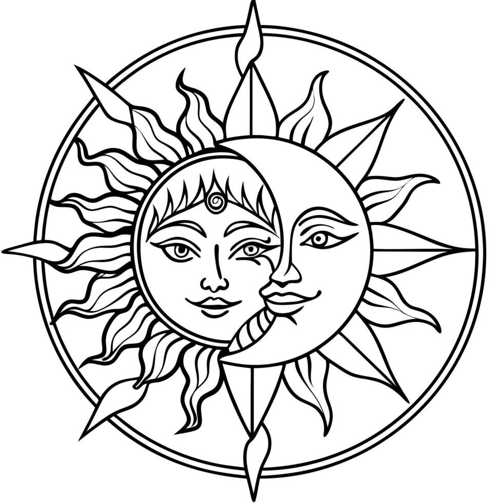 sun and moon, illustration line art vector