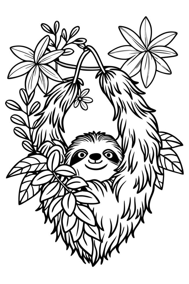 a slow-moving sloth hanging upside down from a tree branch, surrounded by bright jungle flowers, vector