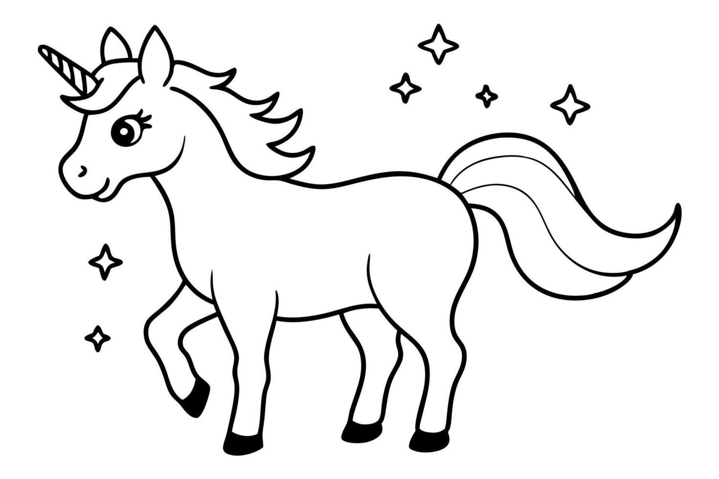 a cute, cartoon-style unicorn with a flowing mane and tail it has a single horn and sparkling stars vector